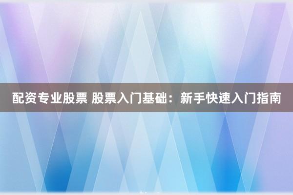 配资专业股票 股票入门基础：新手快速入门指南