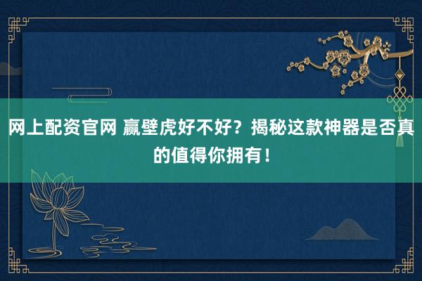 网上配资官网 赢壁虎好不好？揭秘这款神器是否真的值得你拥有！